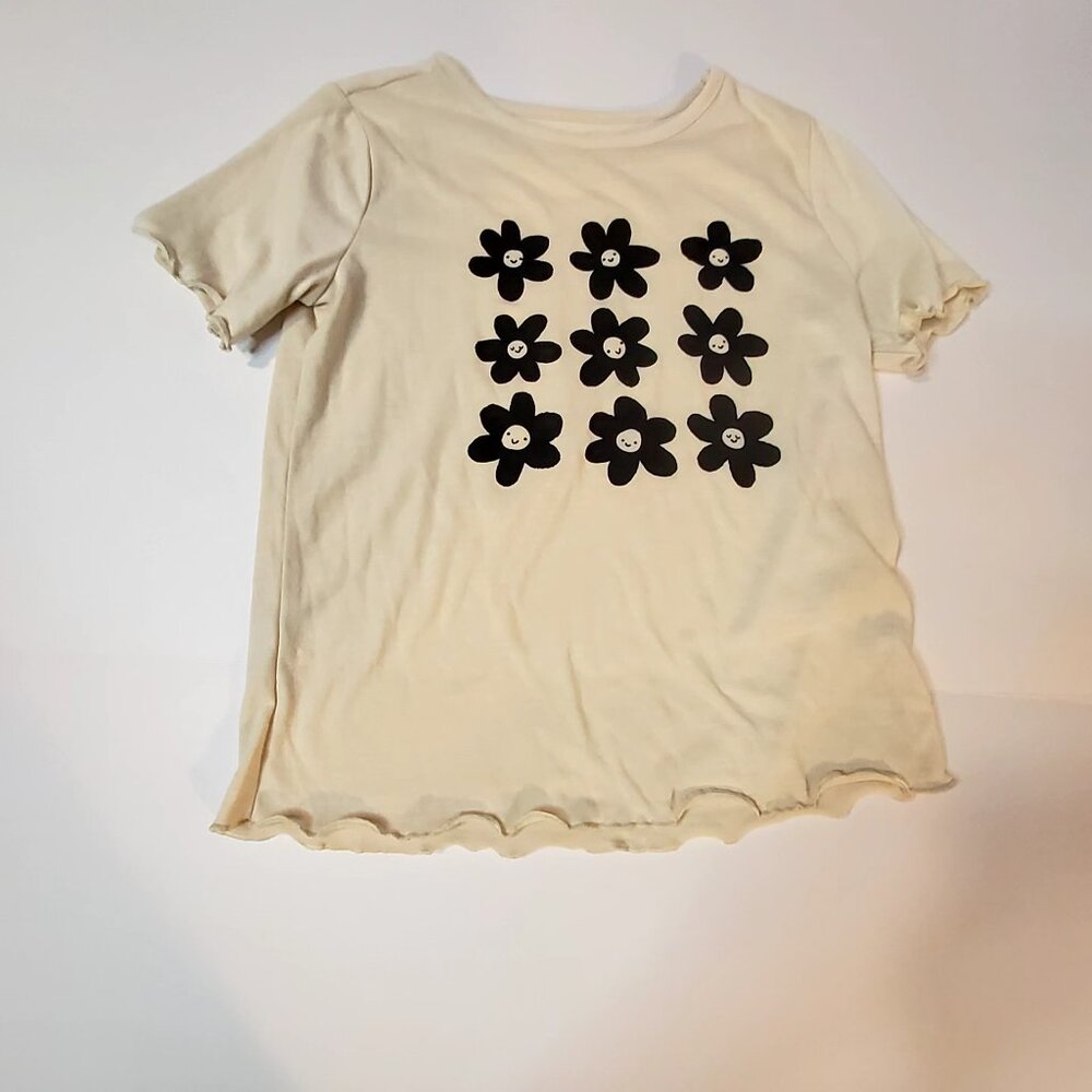 Cat & Jack L 10/12 Girls Beige T-Shirt With Black Smiley Flowers Print